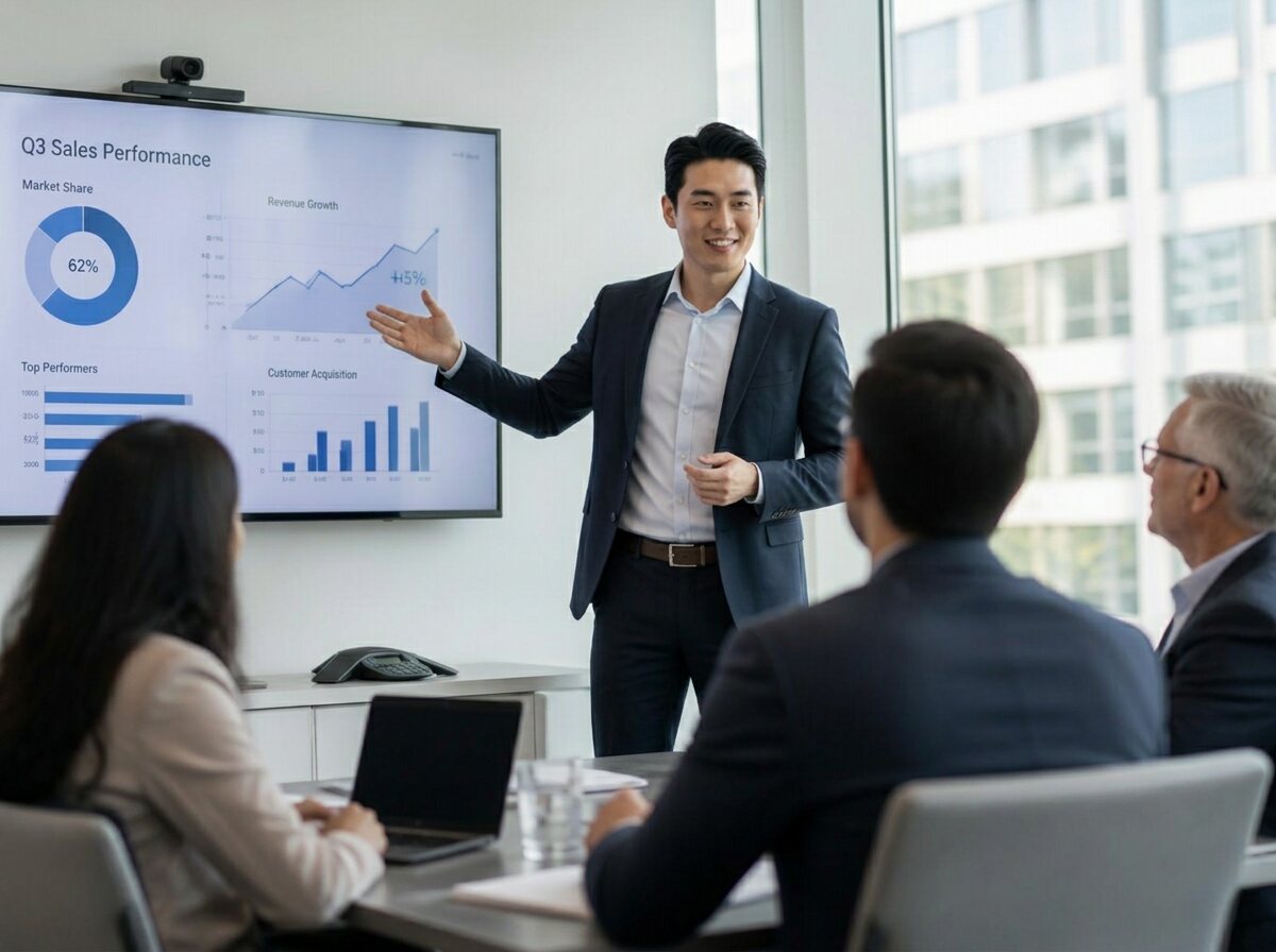 A Pinnacle NJ manager presenting campaign performance to a client team