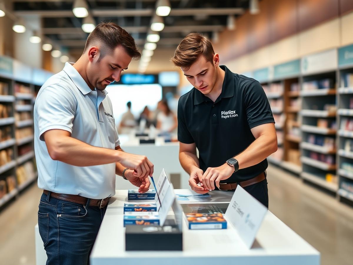 Brand-certified representatives setting up a product display inside a store