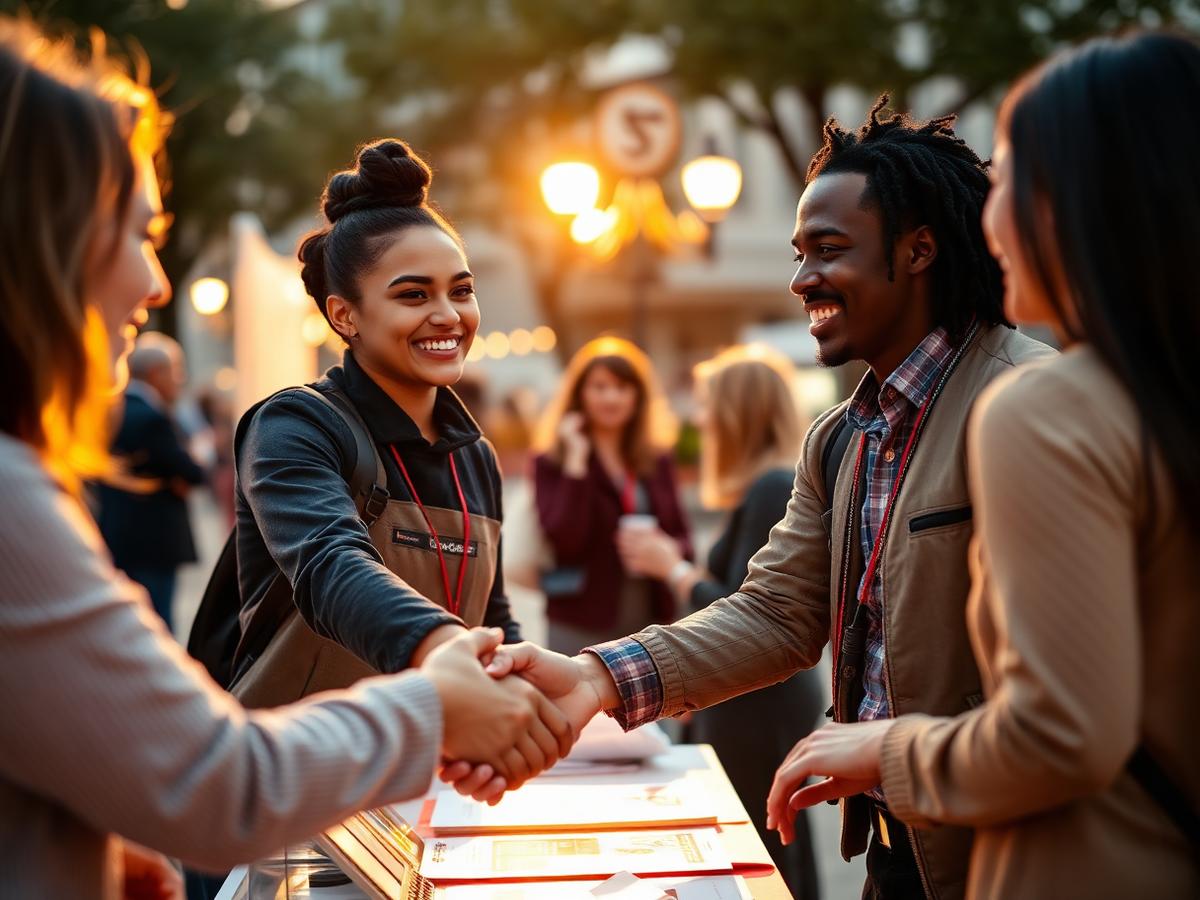 A Pinnacle NJ representative shaking hands with a customer at an outdoor event booth