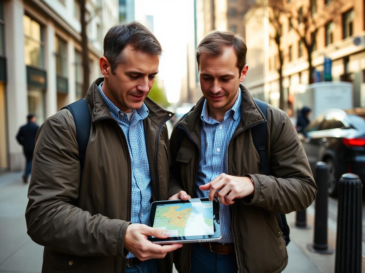 Field managers reviewing a territory map on a city street before a launch