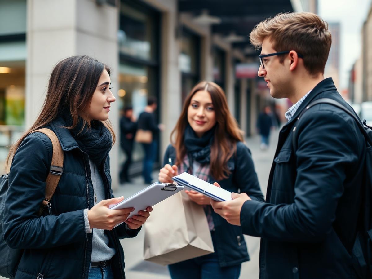 Team members interviewing shoppers on the street to gather live market feedback