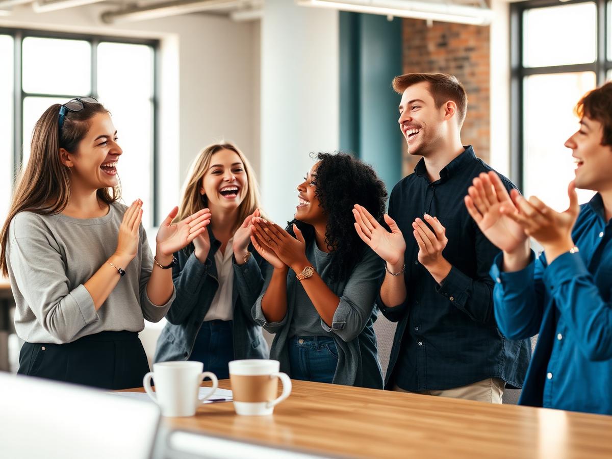 A field team celebrating results during a morning huddle